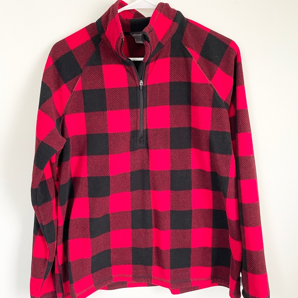 Eddie Bauer Red and Black Plaid Fleece Pullover